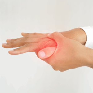 En hånd hvor der er markeret med rødt at patienten har ondt